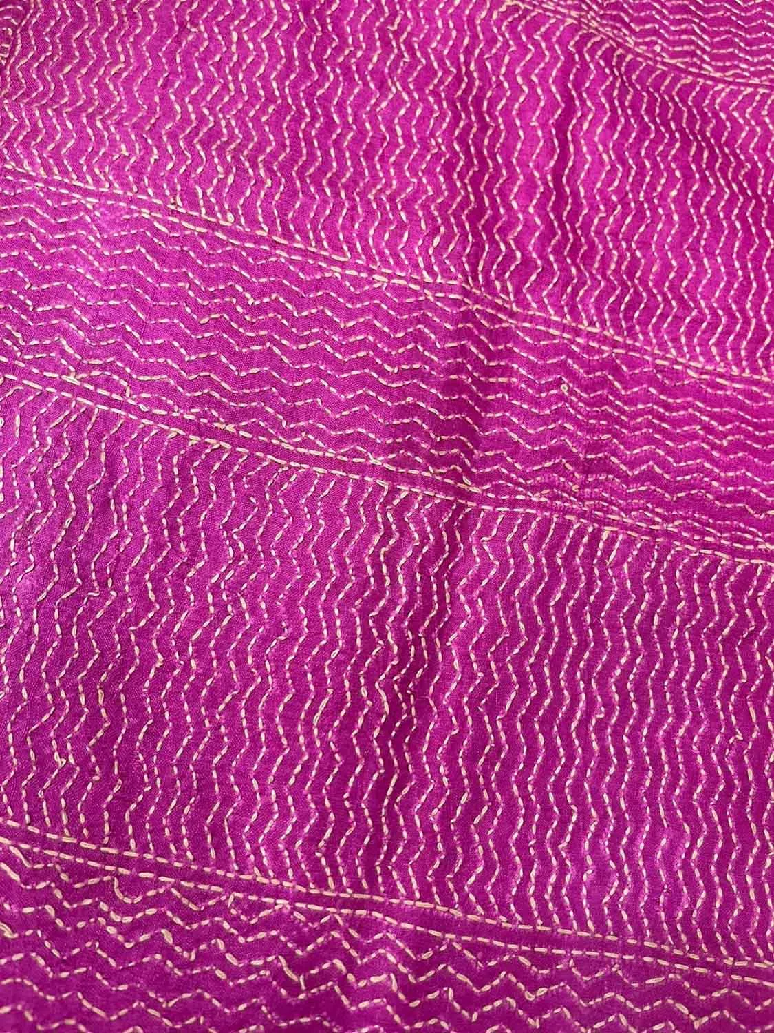 Pink Kantha Hand Embroidered Pure Tussar Silk Fabric ( 1 Mtr )