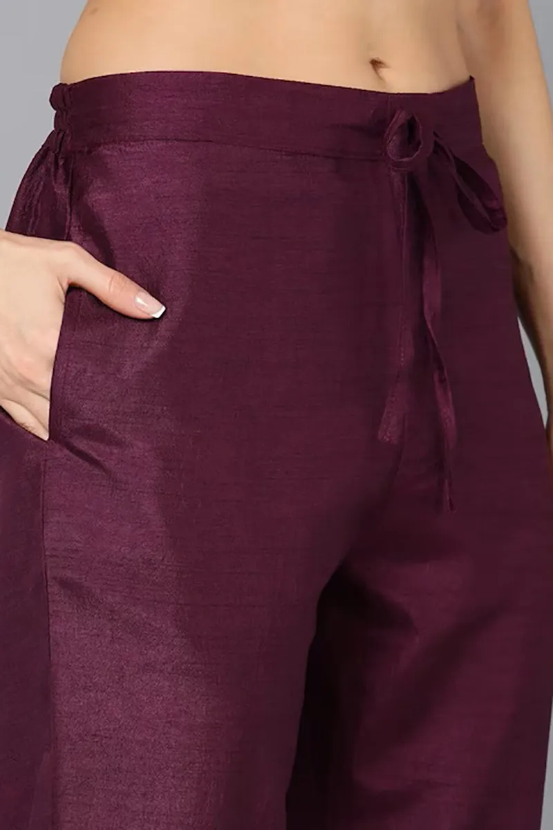 Purple Silk Blend Solid Straight Suit Set