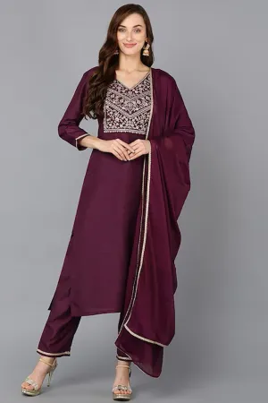 Purple Silk Blend Solid Straight Suit Set