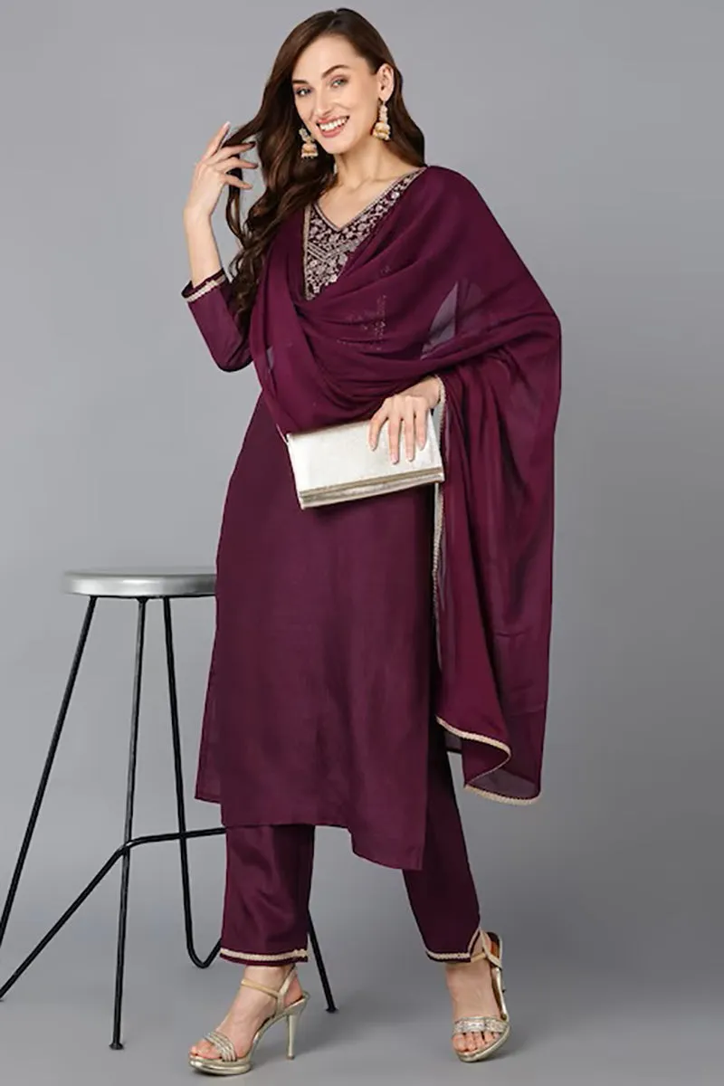 Purple Silk Blend Solid Straight Suit Set