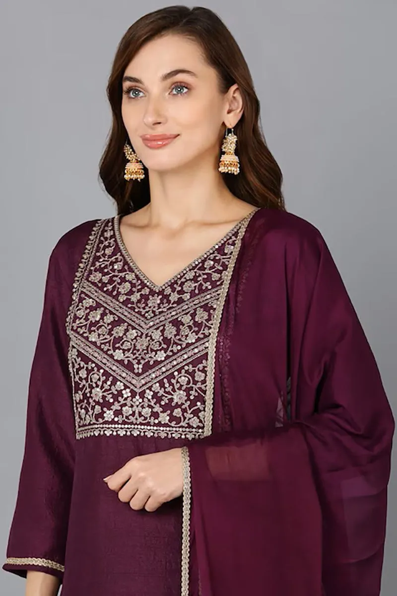 Purple Silk Blend Solid Straight Suit Set