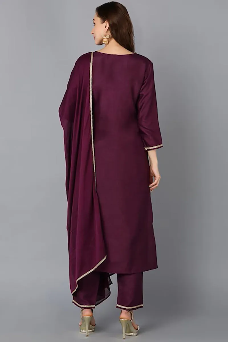 Purple Silk Blend Solid Straight Suit Set