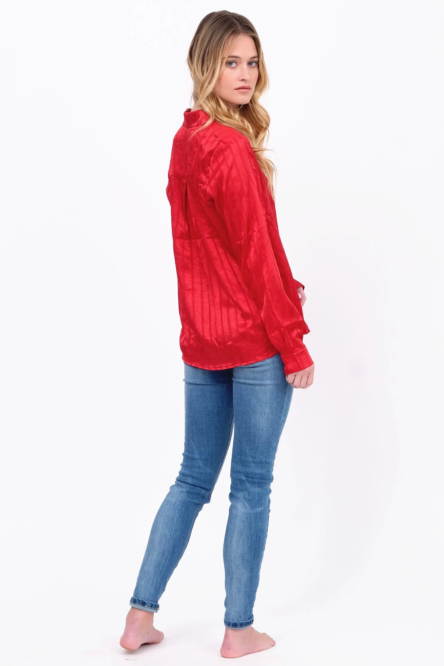Red Satin Long Sleeve Blouse