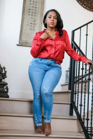 Red Satin Long Sleeve Blouse