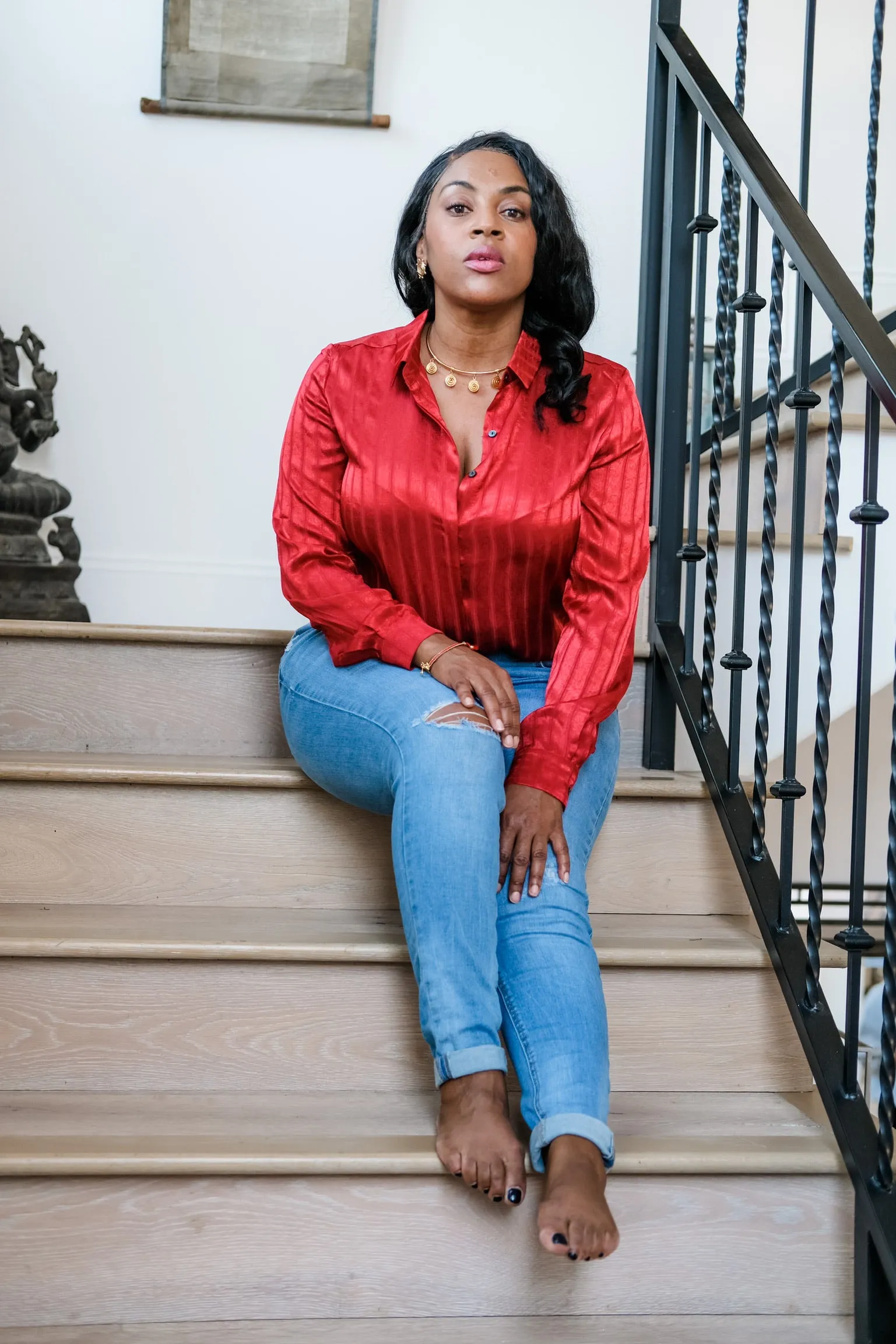 Red Satin Long Sleeve Blouse