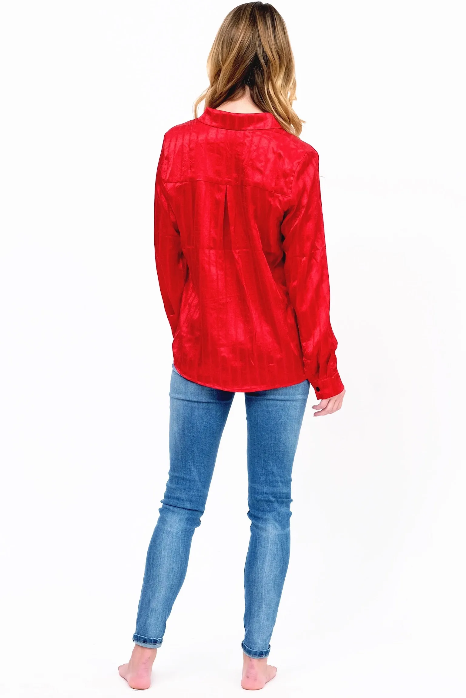 Red Satin Long Sleeve Blouse