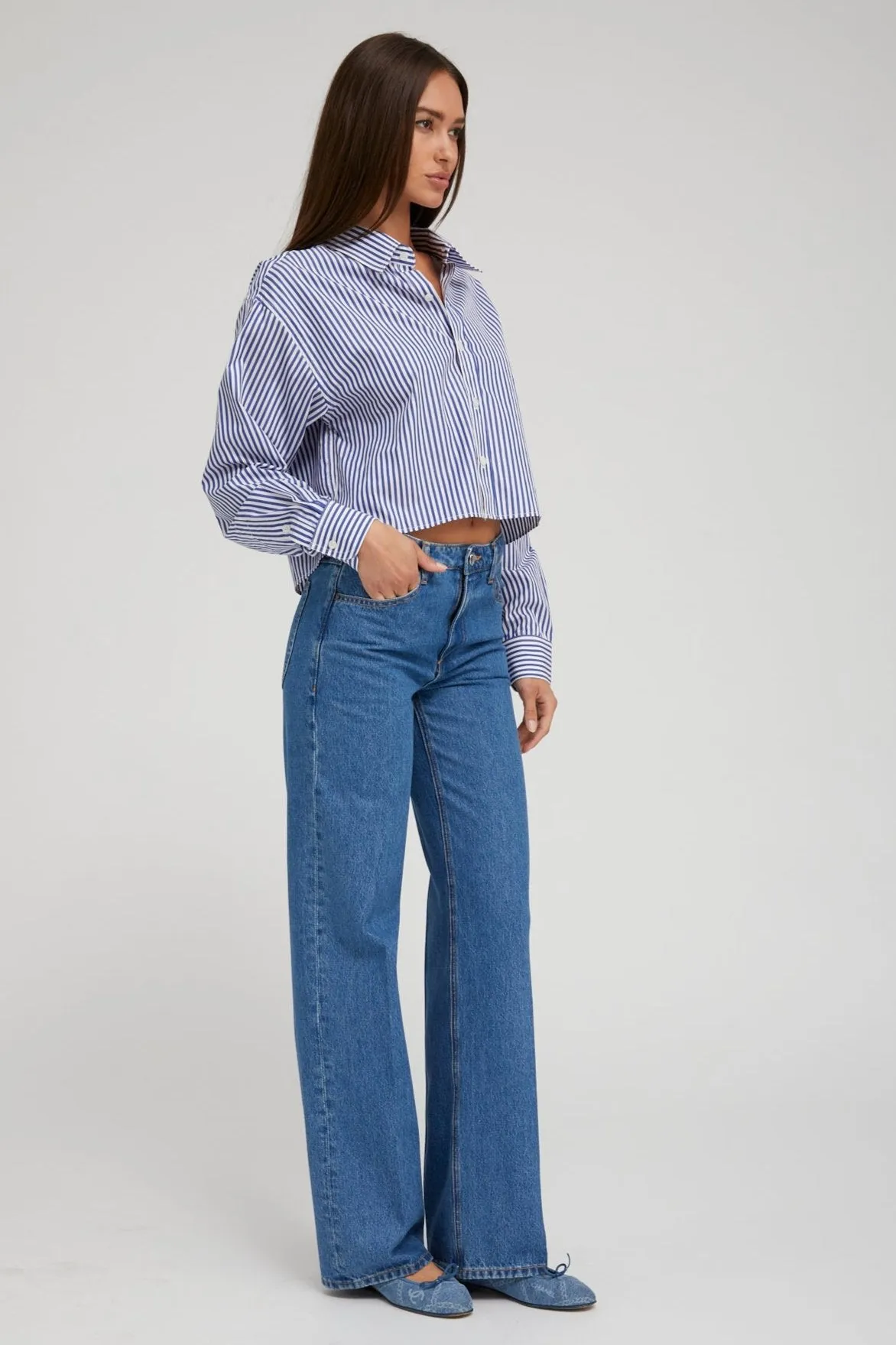 Royal Blue Striped Cropped Button Down