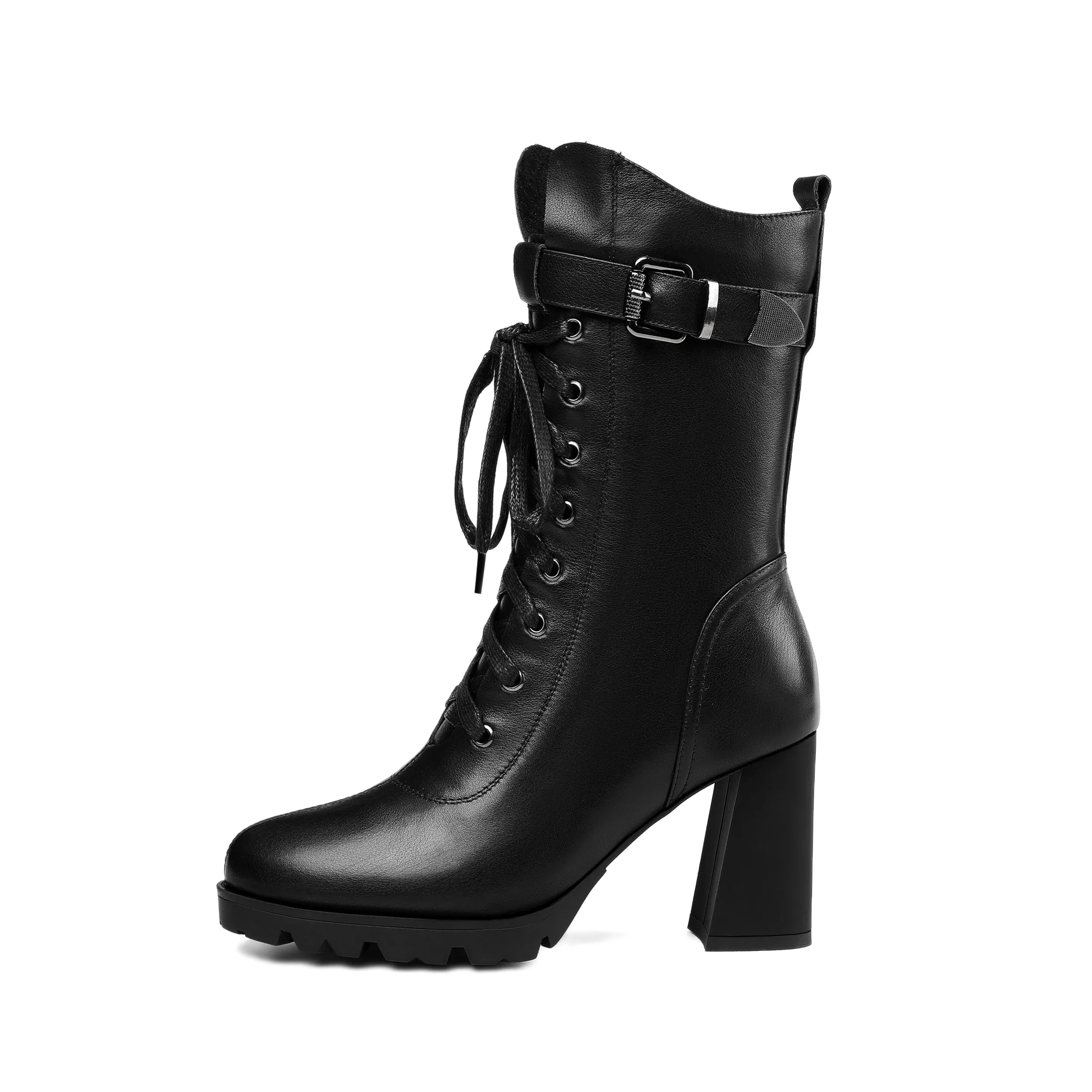 TinaCus Women's Round Toe Genuine Leather Selftie Zip Up Hnadmade High Chunky Heels Boots with Buckle