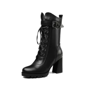 TinaCus Women's Round Toe Genuine Leather Selftie Zip Up Hnadmade High Chunky Heels Boots with Buckle
