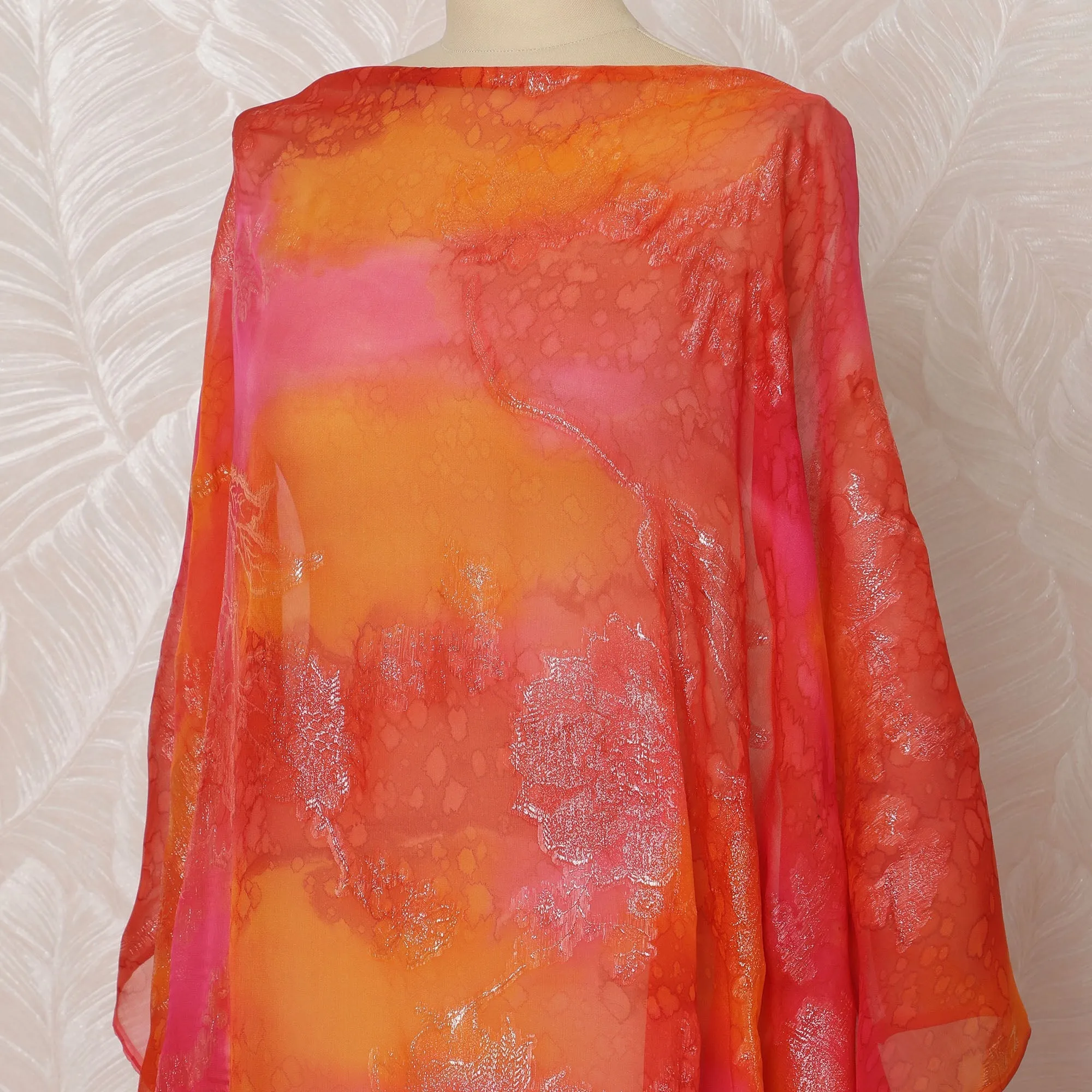 Vibrant Orange and Pink Somali Silk Chiffon Dirac Fabric with Metallic Lurex, 3.5 Meters, 140 cm Width-D20844