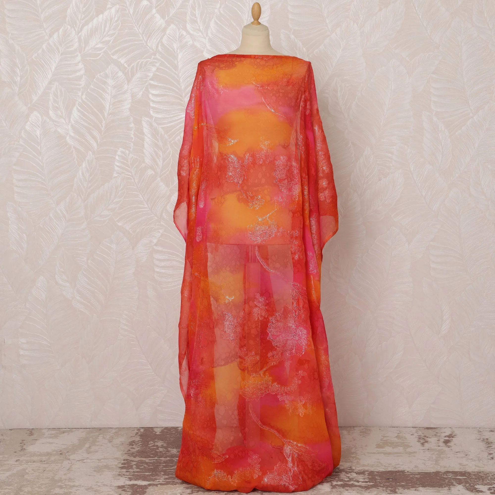 Vibrant Orange and Pink Somali Silk Chiffon Dirac Fabric with Metallic Lurex, 3.5 Meters, 140 cm Width-D20844