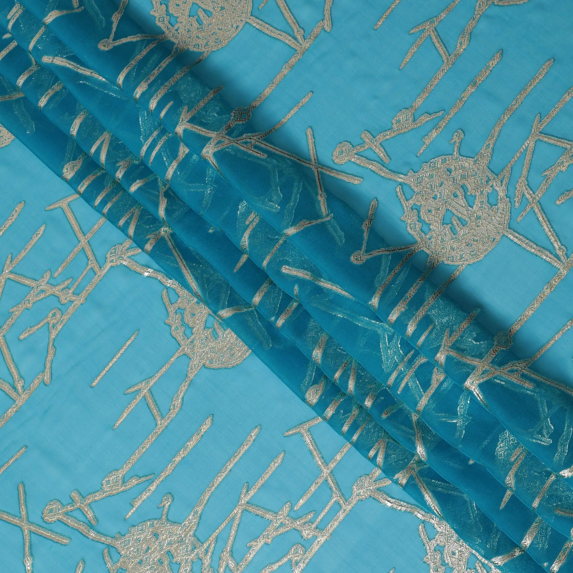 Vibrant Turquoise Silk Chiffon Fabric with Metallic Lurex, 110 cm Wide, South Korean Design-D19580