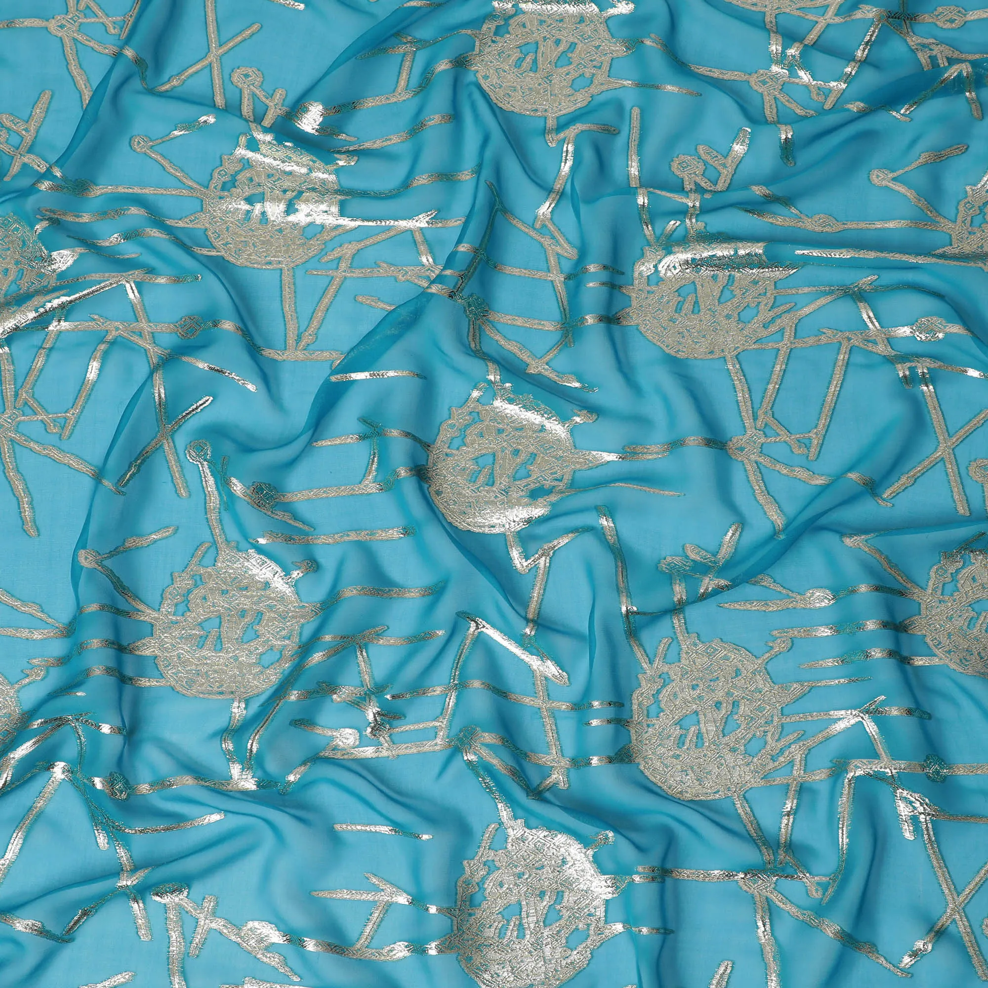 Vibrant Turquoise Silk Chiffon Fabric with Metallic Lurex, 110 cm Wide, South Korean Design-D19580