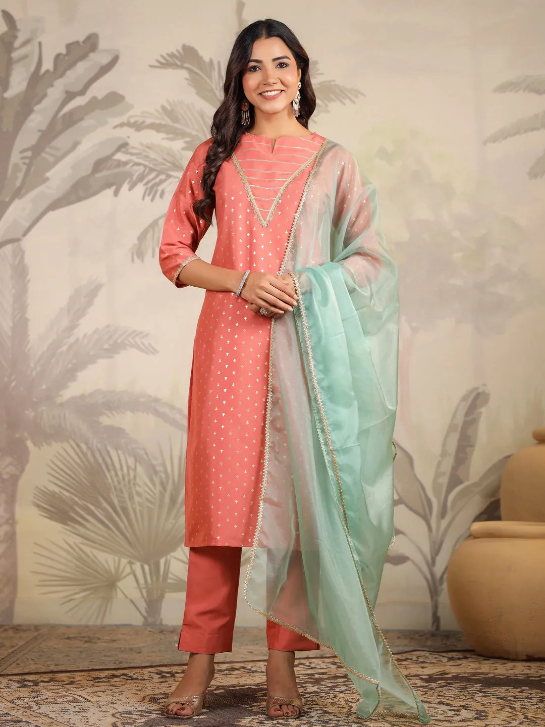 Women Silk Blend Peach Kurta Set
