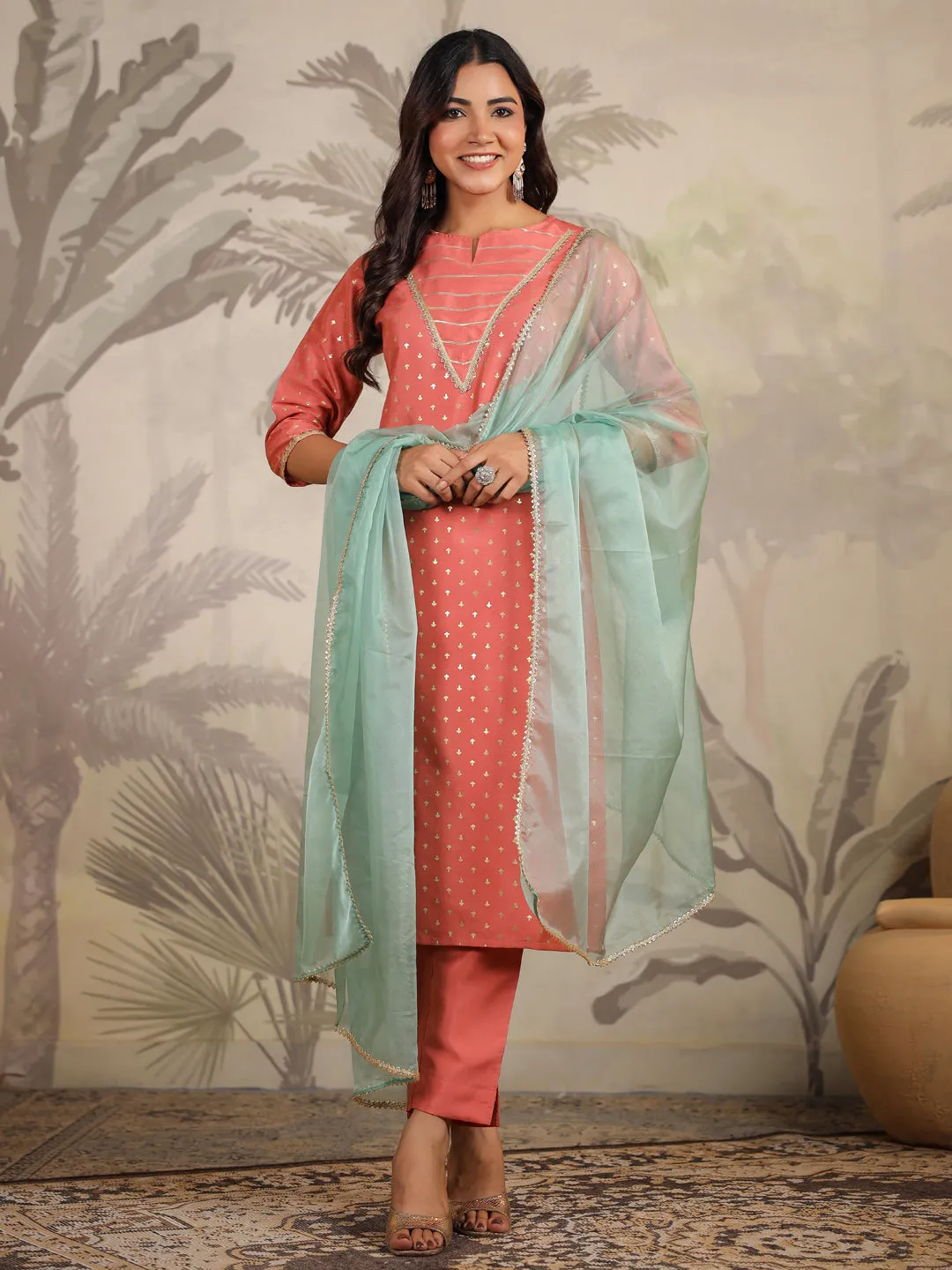 Women Silk Blend Peach Kurta Set