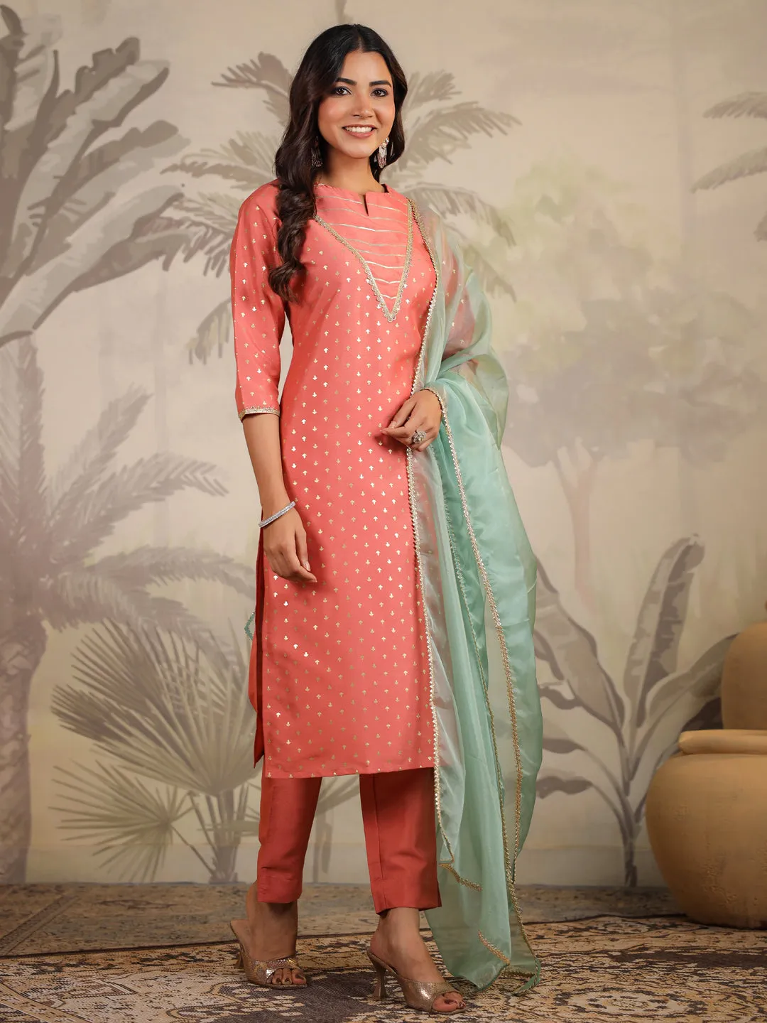 Women Silk Blend Peach Kurta Set