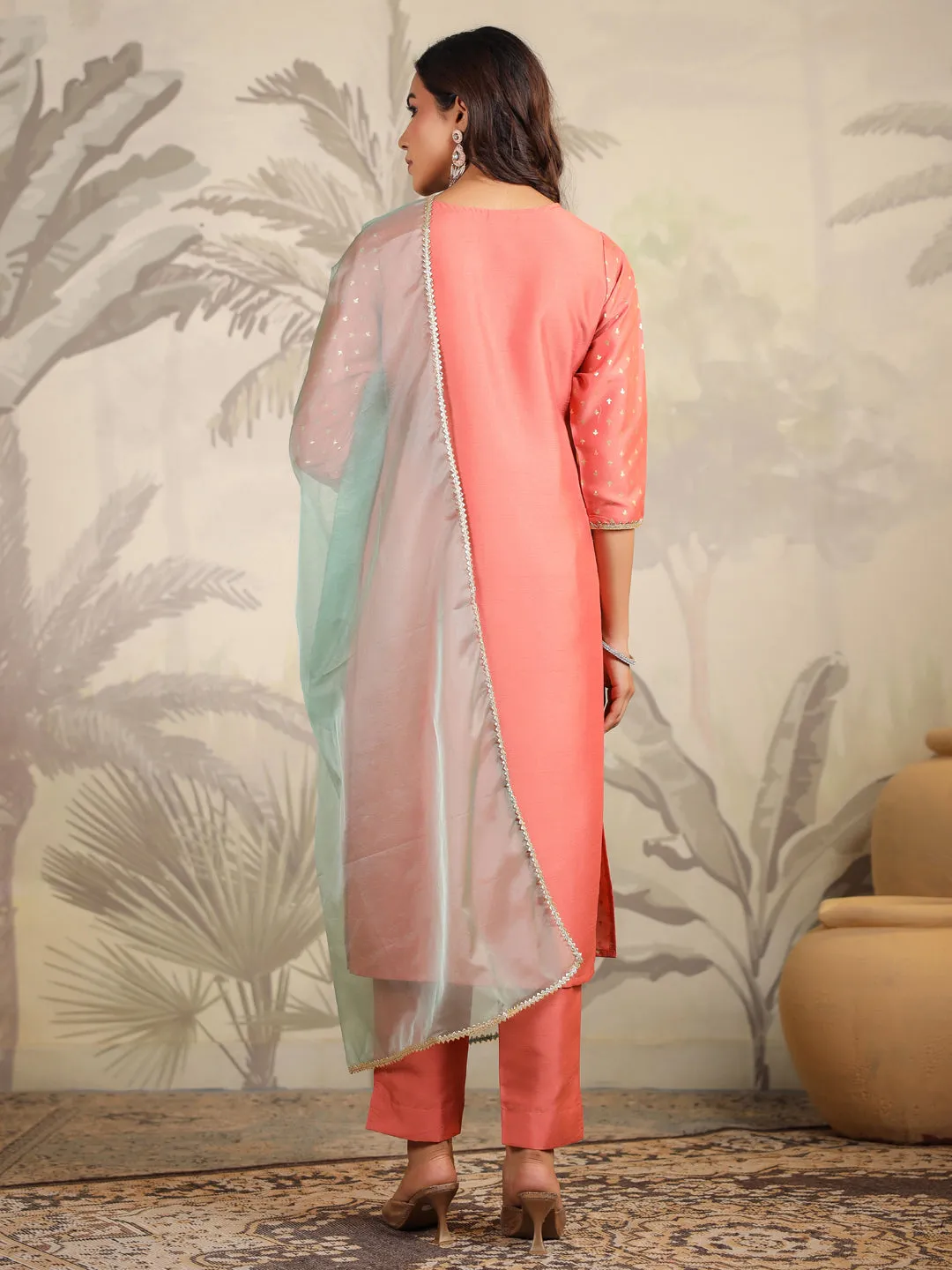 Women Silk Blend Peach Kurta Set