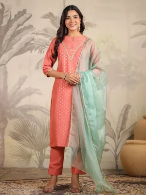 Women Silk Blend Peach Kurta Set