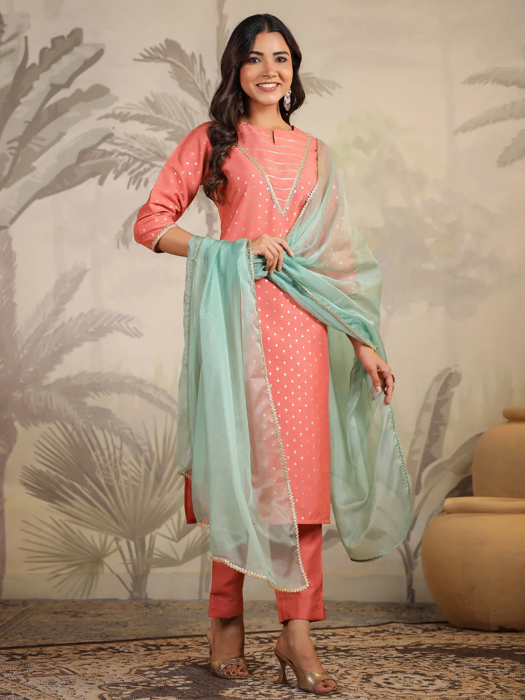 Women Silk Blend Peach Kurta Set