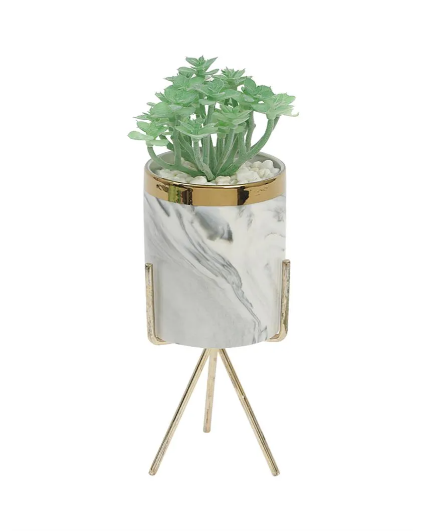 Zen Succulents Artificial Plant with Ceramic Pot & Metal Tripod Stand | 6 inches
